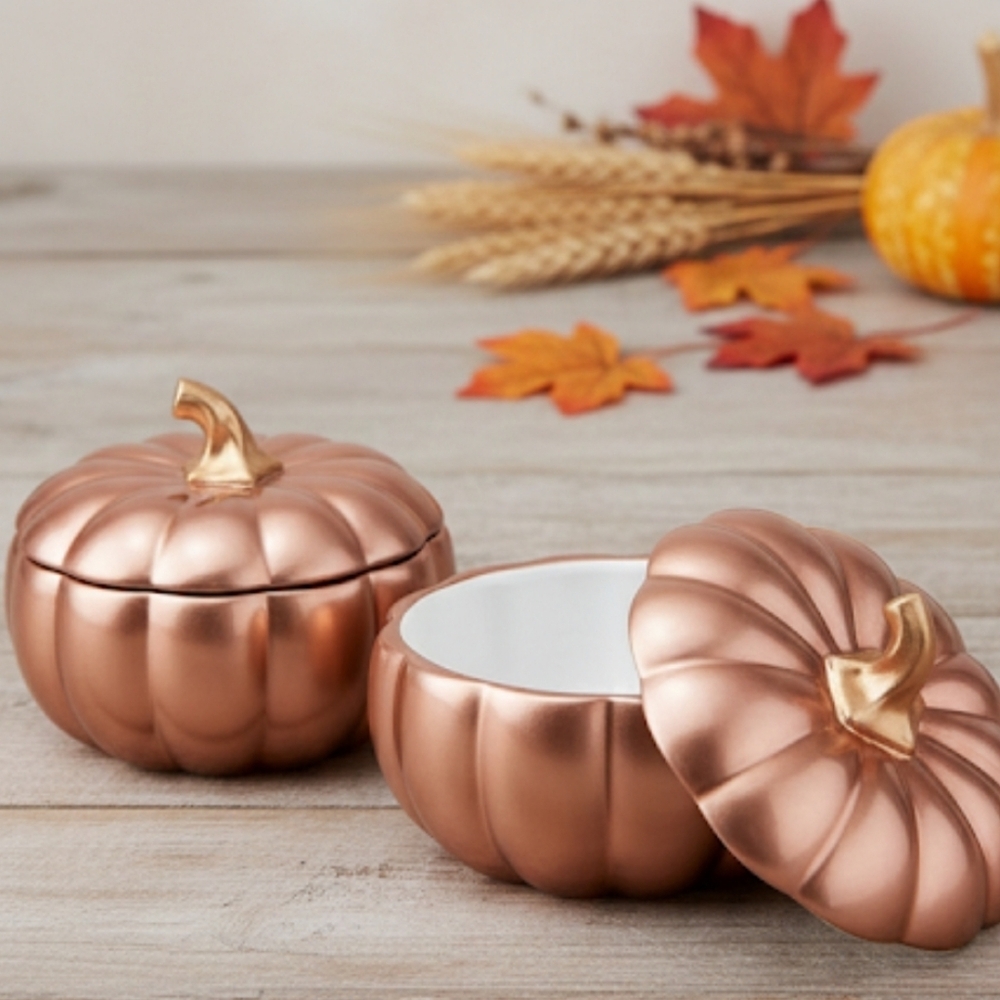 ⭐Set of 2 Pumpkin Rose Gold Shimmery With Lids Pumpkin Soup Bowls Or Decor
